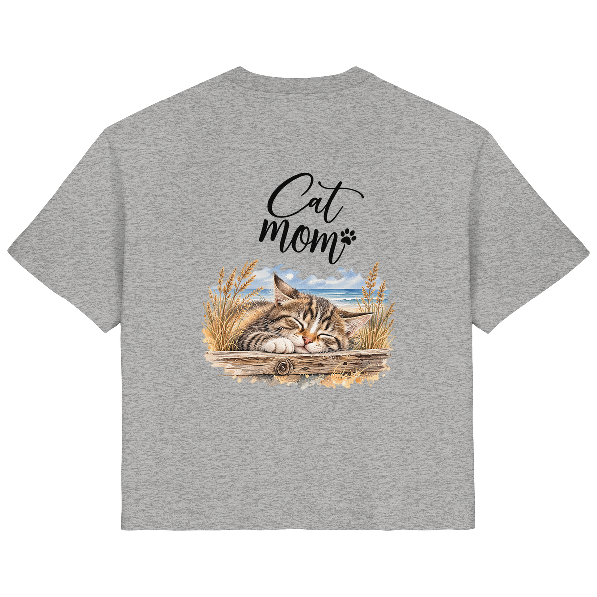 Cat Mom Damen Bio-T-Shirt in Heather Grey – Original-Mockup mit Katzen-Küstenmotiv und Schriftzug als Rückenprint.