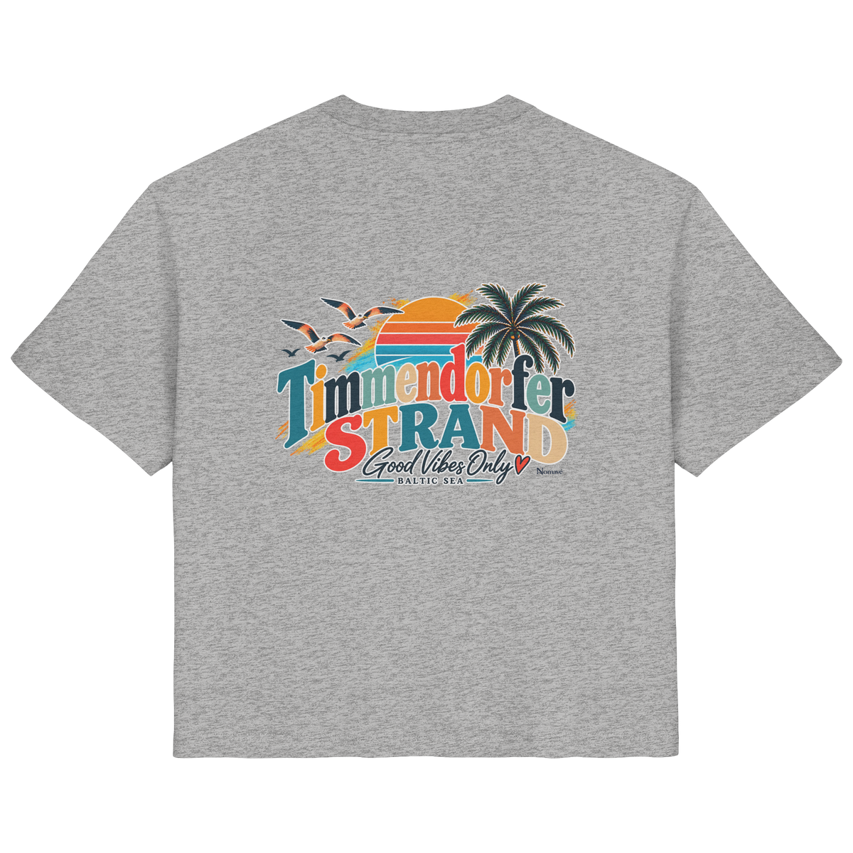 Damen-Bio-T-Shirt in Heather Grey, Rückansicht mit Timmendorfer-Strand-Good-Vibes-Only-Rückenprint.