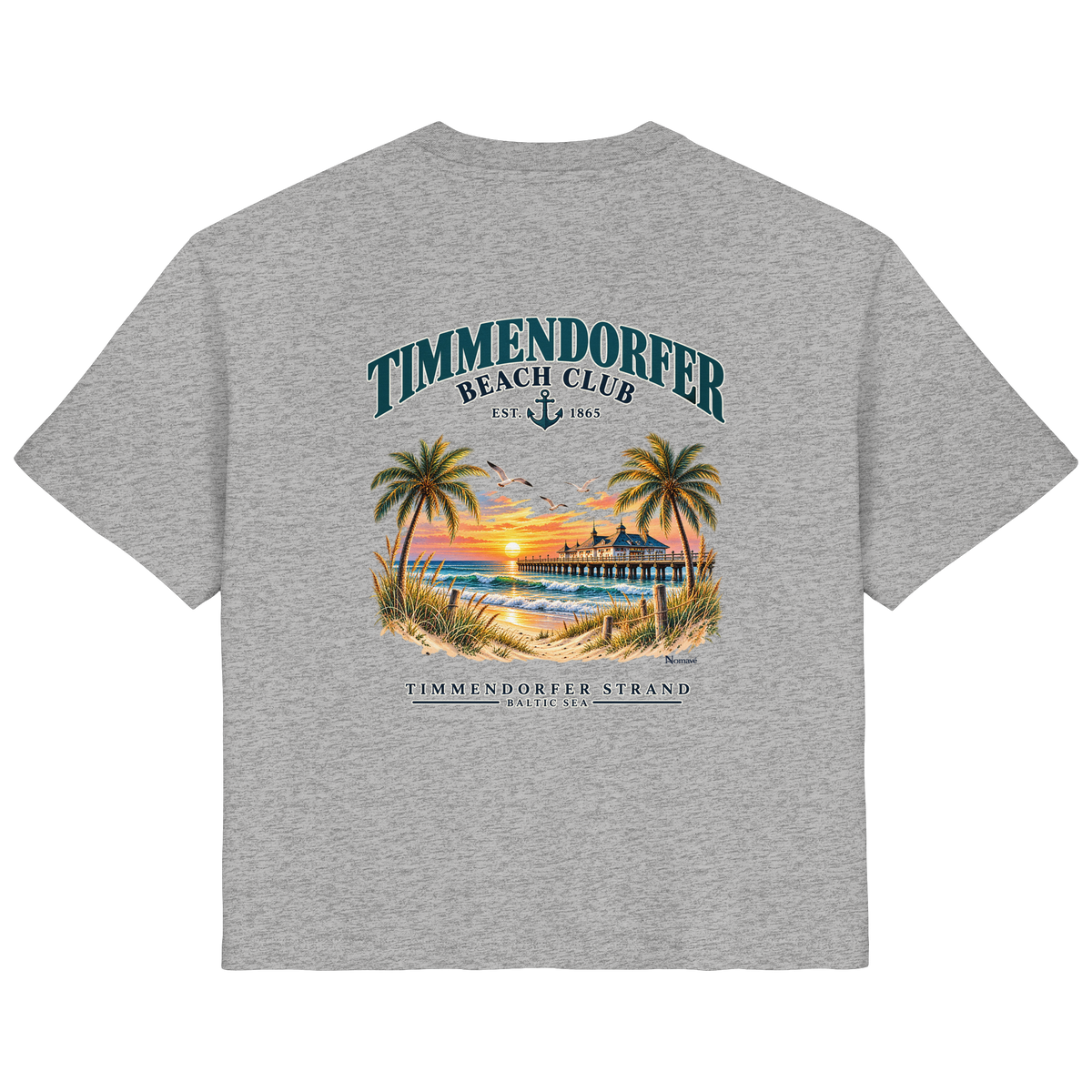 Original-/Katalogmockup: Damen Bio-T-Shirt in Heather Grey, Rückansicht mit Timmendorfer-Beach-Club-Rückendruck.
