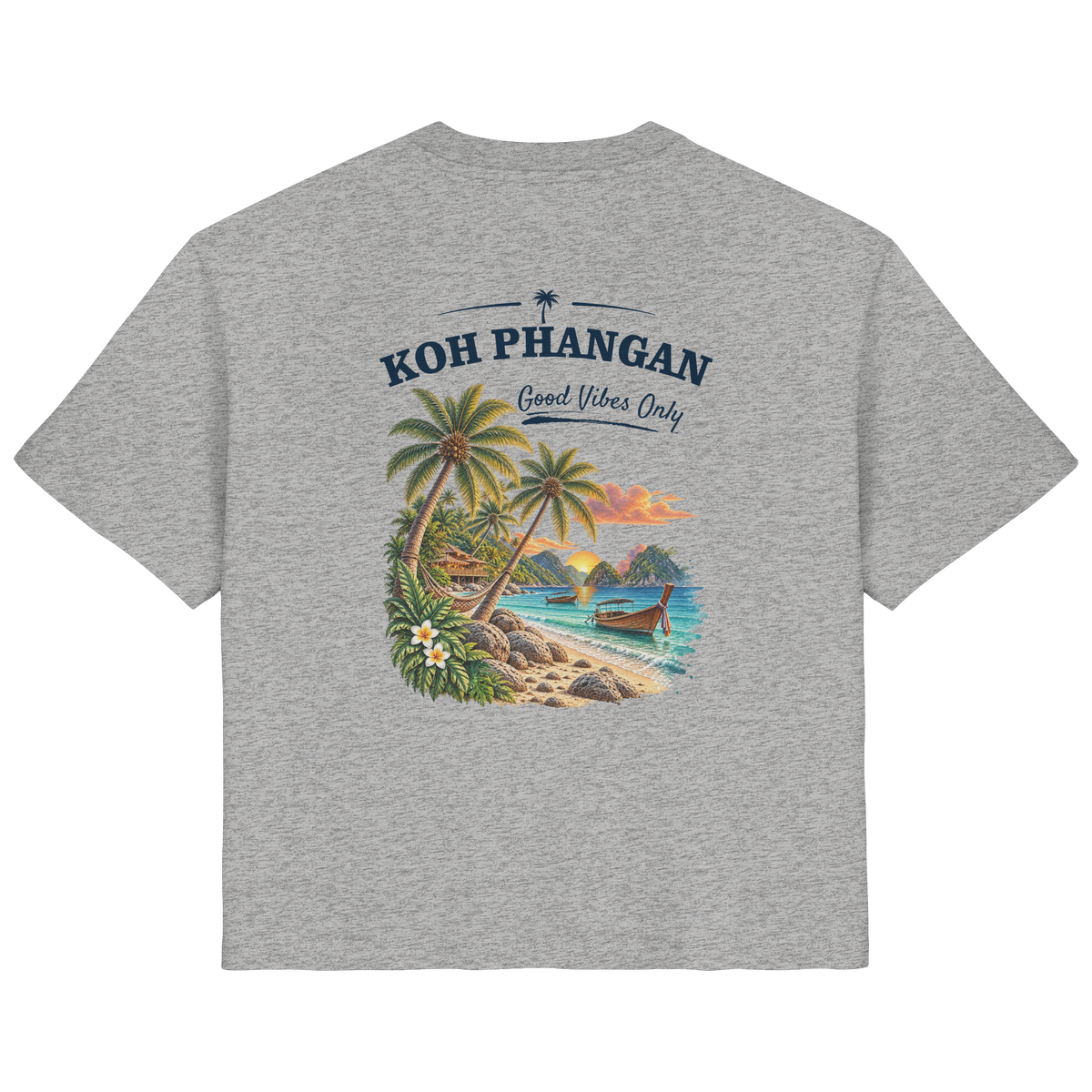 Koh Phangan Good Vibes Only – Damen Bio T-Shirt – Backprint – Original-Mockup ladies organic shirt heather grey mit Rückenmotiv