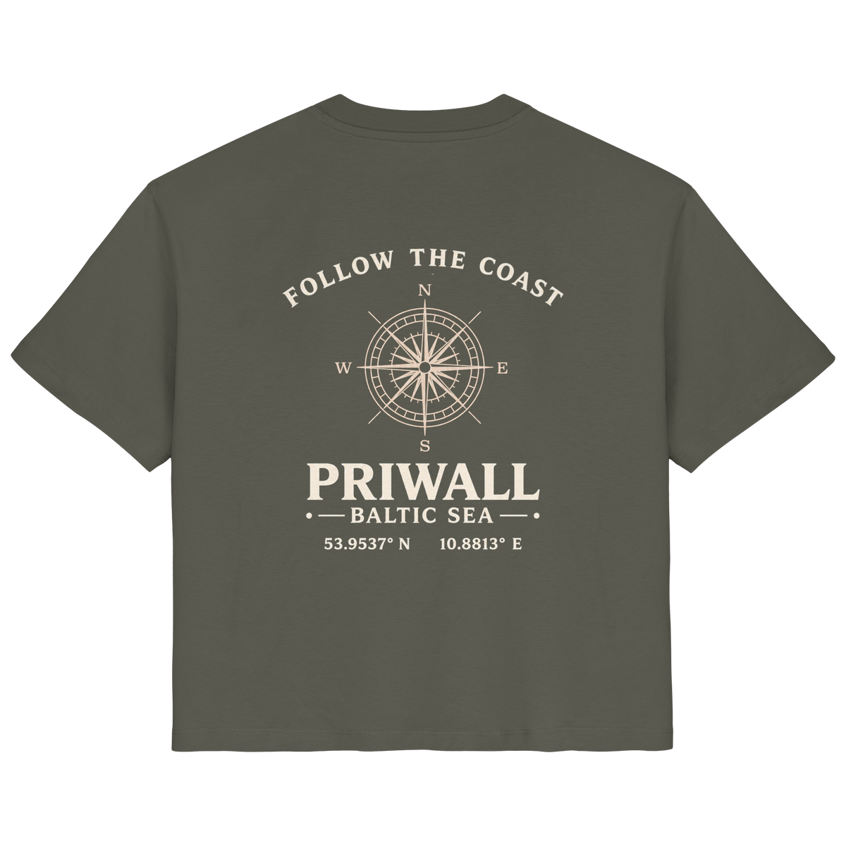Rückansicht des Damen Bio T-Shirt in Khaki mit dunklem Priwall Follow the Coast Backprint