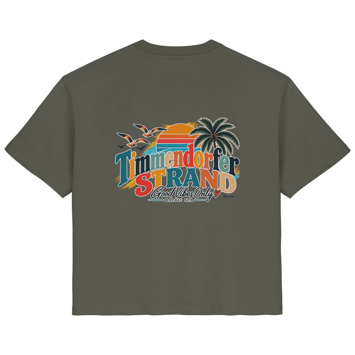 Damen-Bio-T-Shirt in Khaki, Rückansicht mit Timmendorfer-Strand-Good-Vibes-Only-Rückenprint.