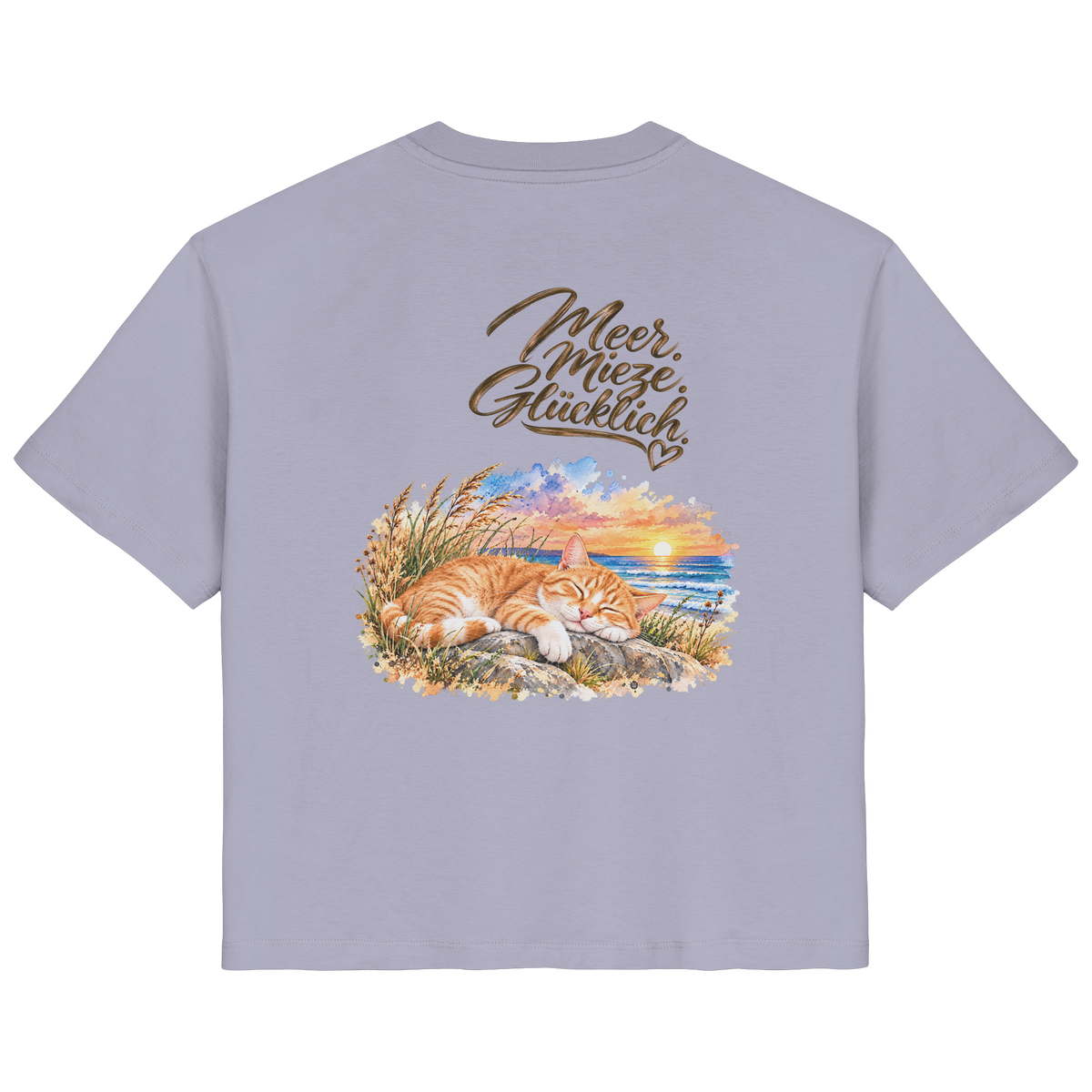 Damen Bio-T-Shirt in Lavender mit „Meer. Mieze. Glücklich.“ als Backprint – Rückansicht im Original-Mockup.
