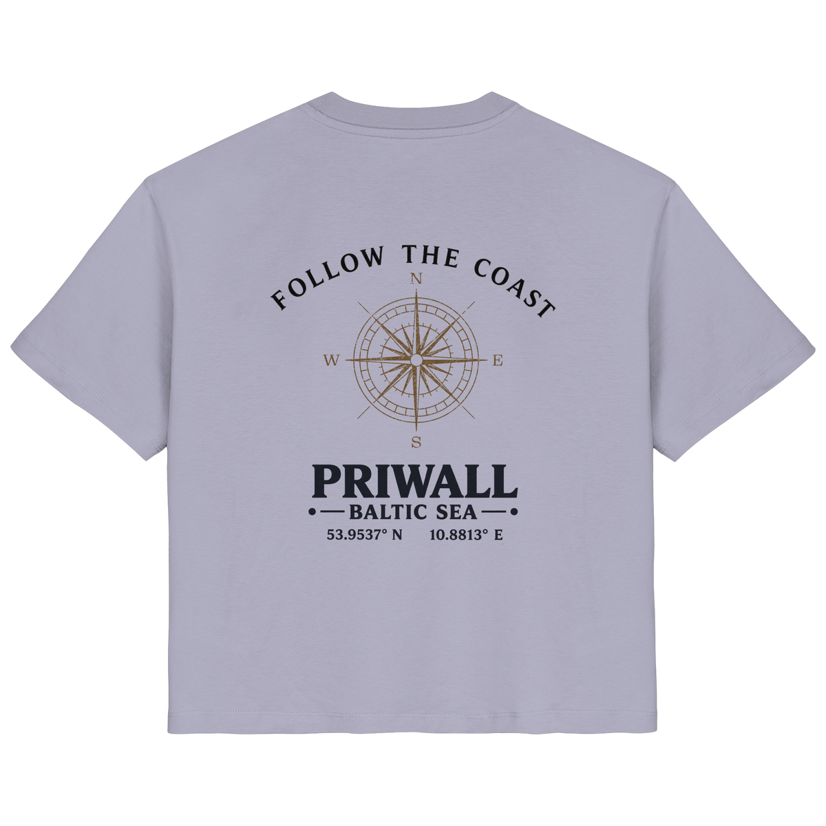 Rückansicht des Damen Bio T-Shirt in Lavender mit hellem Priwall Follow the Coast Backprint