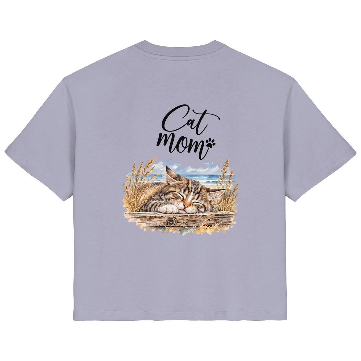 Cat Mom Damen Bio-T-Shirt in Lavender – Original-Mockup mit Katzen-Küstenmotiv und Schriftzug als Rückenprint.