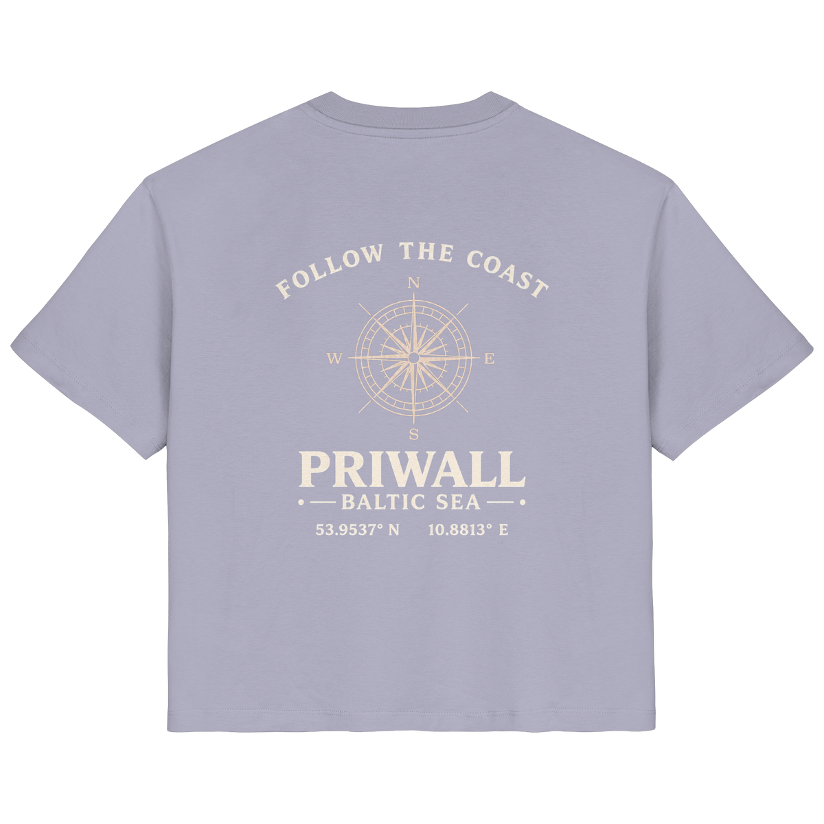 Rückansicht des Damen Bio T-Shirt in Lavender mit dunklem Priwall Follow the Coast Backprint