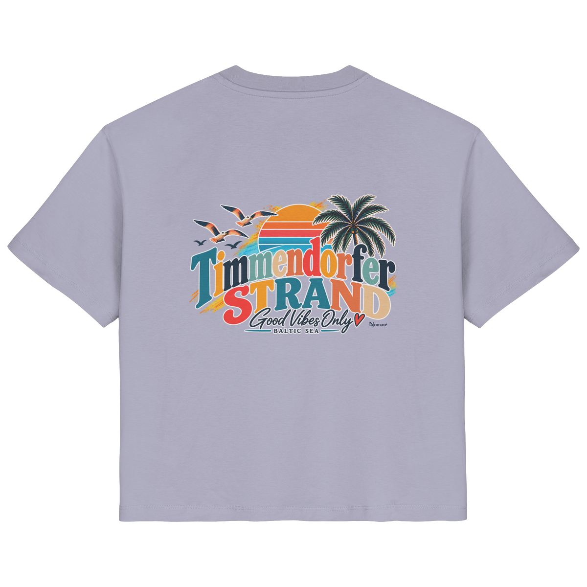 Damen-Bio-T-Shirt in Lavender, Rückansicht mit Timmendorfer-Strand-Good-Vibes-Only-Rückenprint.