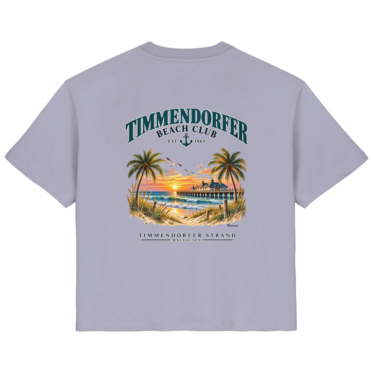 Original-/Katalogmockup: Damen Bio-T-Shirt in Lavender, Rückansicht mit Timmendorfer-Beach-Club-Rückendruck.