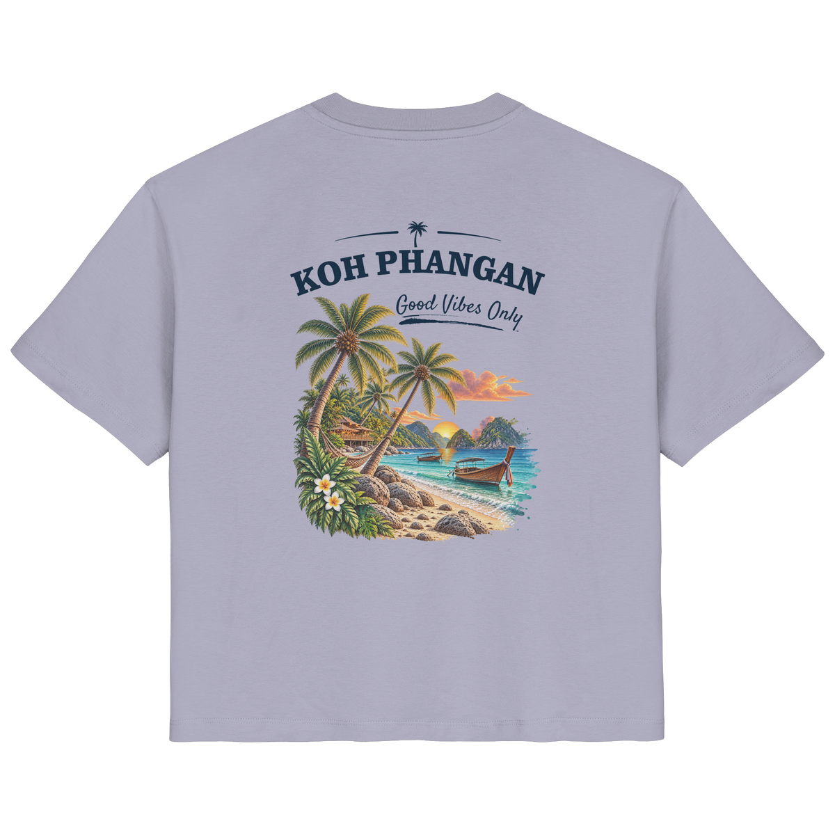 Koh Phangan Good Vibes Only – Damen Bio T-Shirt – Backprint – Original-Mockup ladies organic shirt lavender mit Rückenmotiv