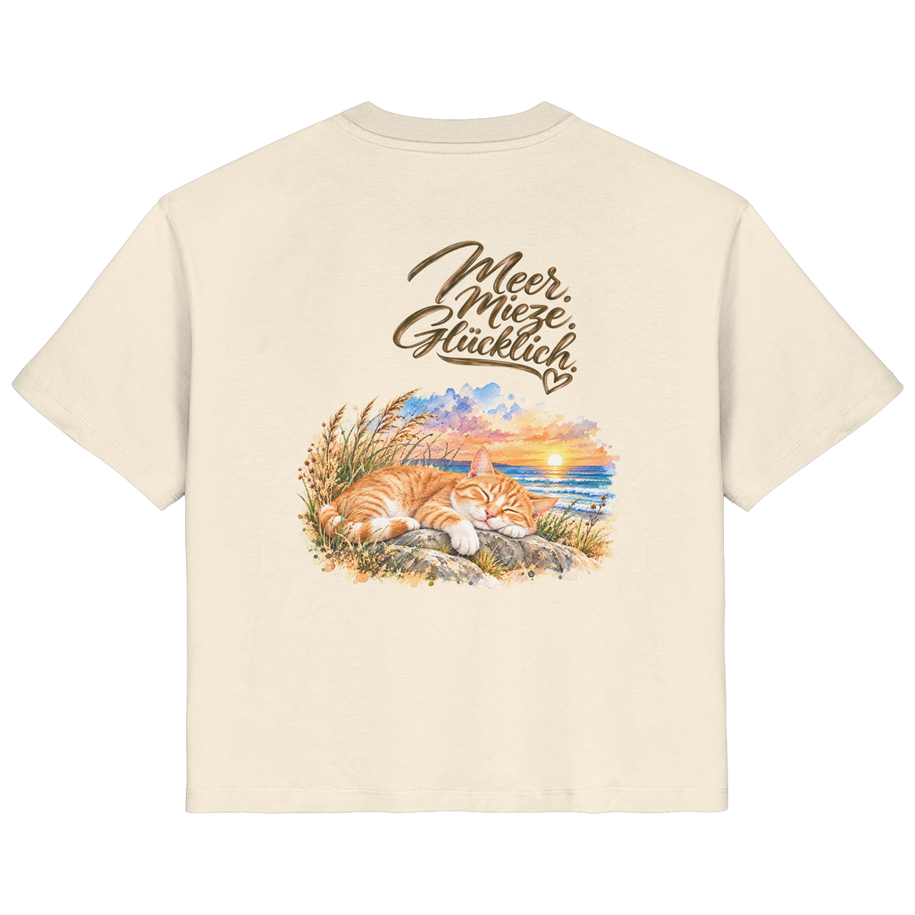 Damen Bio-T-Shirt in Natural Raw mit „Meer. Mieze. Glücklich.“ als Backprint – Rückansicht im Original-Mockup.