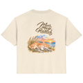 Damen Bio-T-Shirt in Natural Raw mit „Meer. Mieze. Glücklich.“ als Backprint – Rückansicht im Original-Mockup.