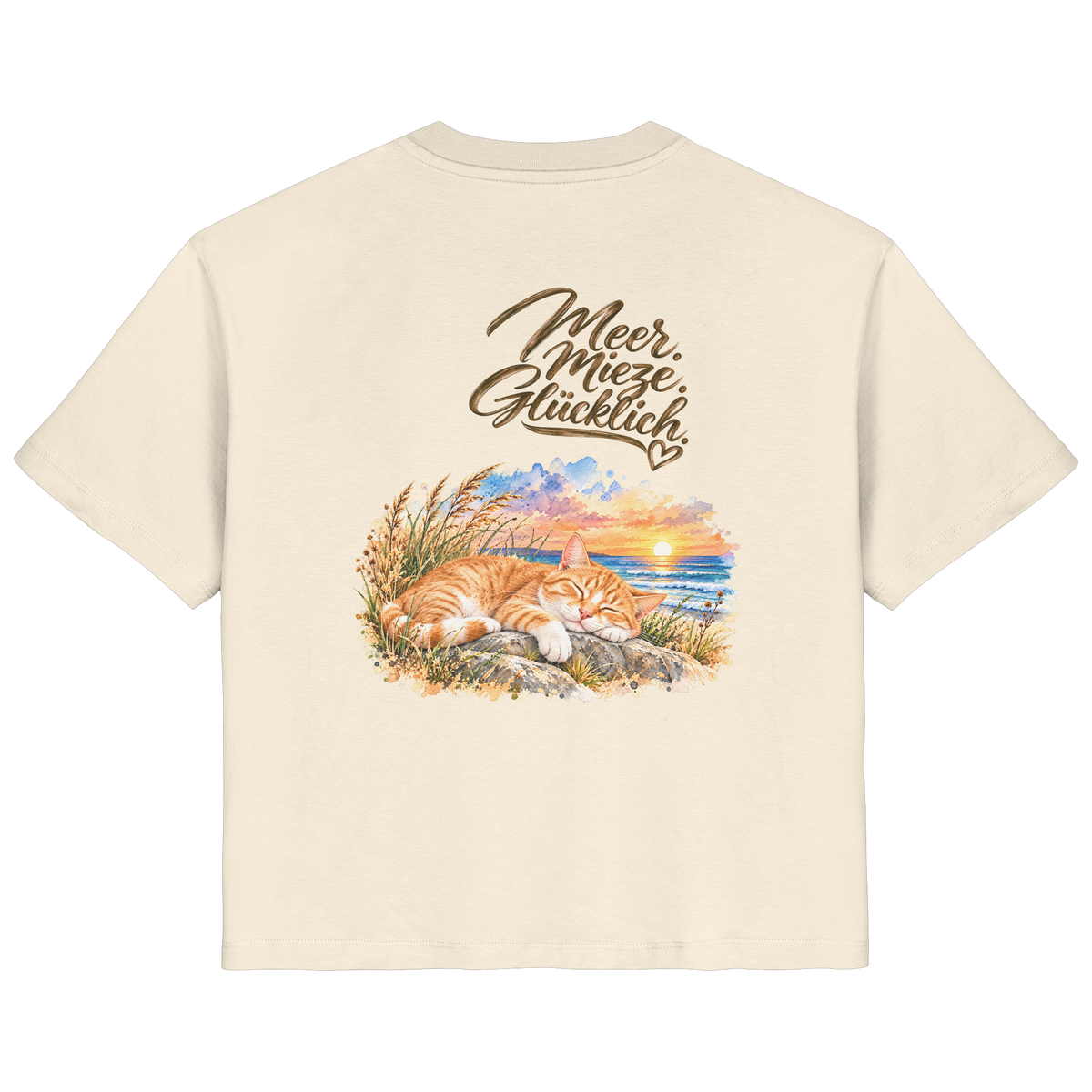 Damen Bio-T-Shirt in Natural Raw mit „Meer. Mieze. Glücklich.“ als Backprint – Rückansicht im Original-Mockup.