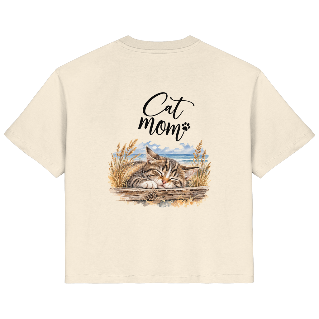 Cat Mom Damen Bio-T-Shirt in Natural Raw – Original-Mockup mit Katzen-Küstenmotiv und Schriftzug als Rückenprint.