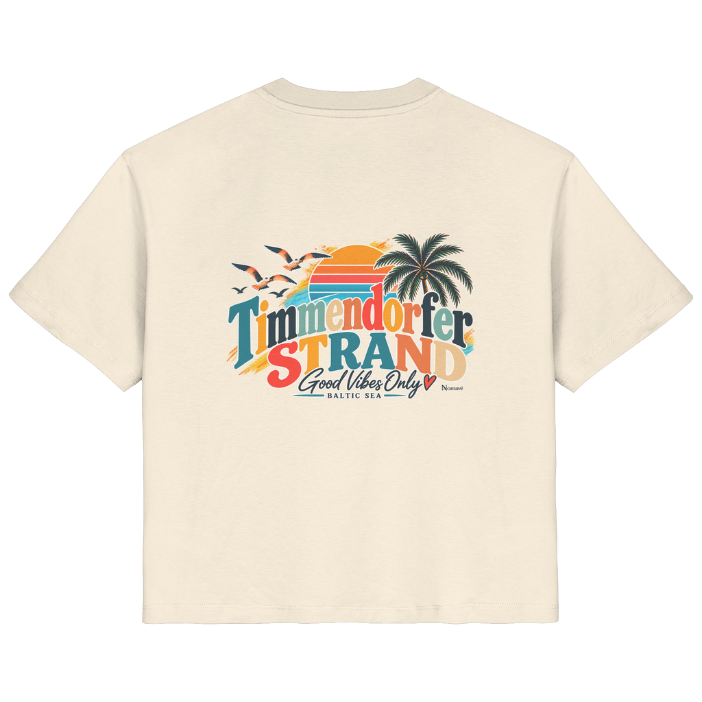 Damen-Bio-T-Shirt in Natural Raw, Rückansicht mit Timmendorfer-Strand-Good-Vibes-Only-Rückenprint.