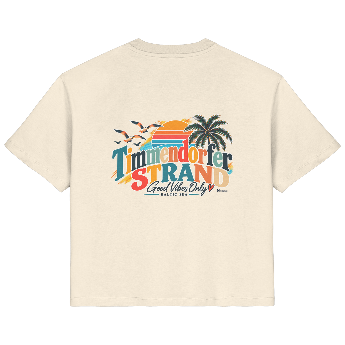 Damen-Bio-T-Shirt in Natural Raw, Rückansicht mit Timmendorfer-Strand-Good-Vibes-Only-Rückenprint.