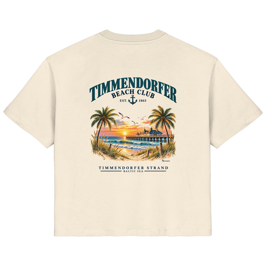 Original-/Katalogmockup: Damen Bio-T-Shirt in Natural Raw, Rückansicht mit Timmendorfer-Beach-Club-Rückendruck.