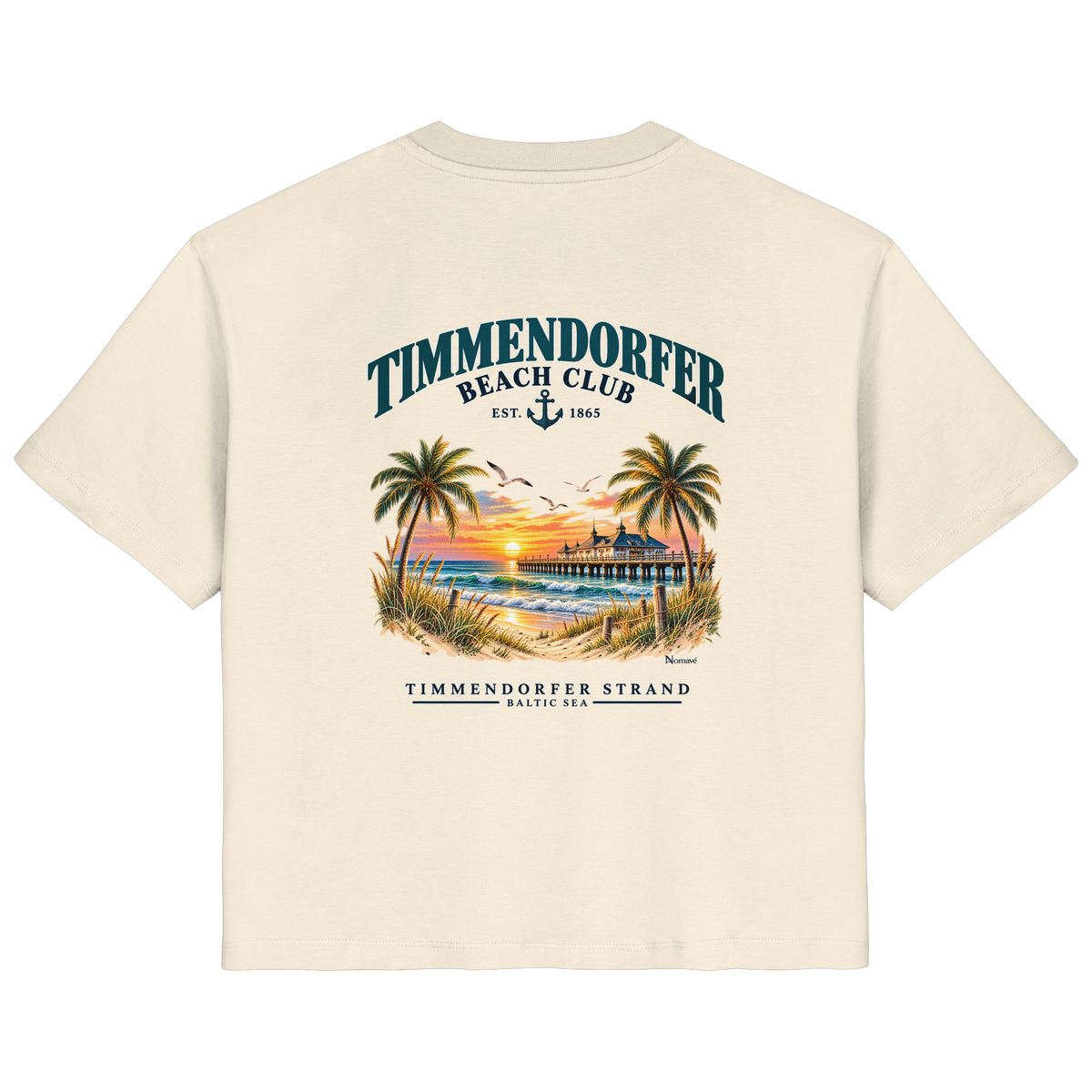 Original-/Katalogmockup: Damen Bio-T-Shirt in Natural Raw, Rückansicht mit Timmendorfer-Beach-Club-Rückendruck.