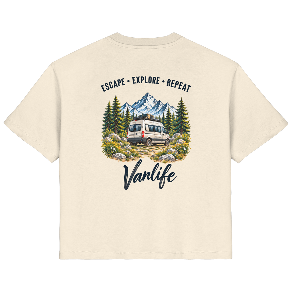 Damen Bio T-Shirt in Natural Raw als Produkt-Mockup mit Escape Explore Repeat Motiv als Backprint