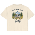 Damen Bio T-Shirt in Natural Raw als Produkt-Mockup mit Escape Explore Repeat Motiv als Backprint