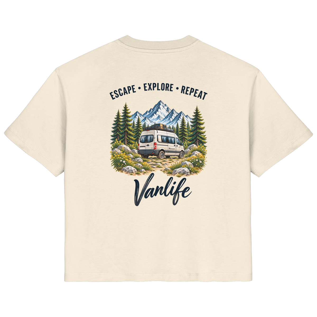Damen Bio T-Shirt in Natural Raw als Produkt-Mockup mit Escape Explore Repeat Motiv als Backprint
