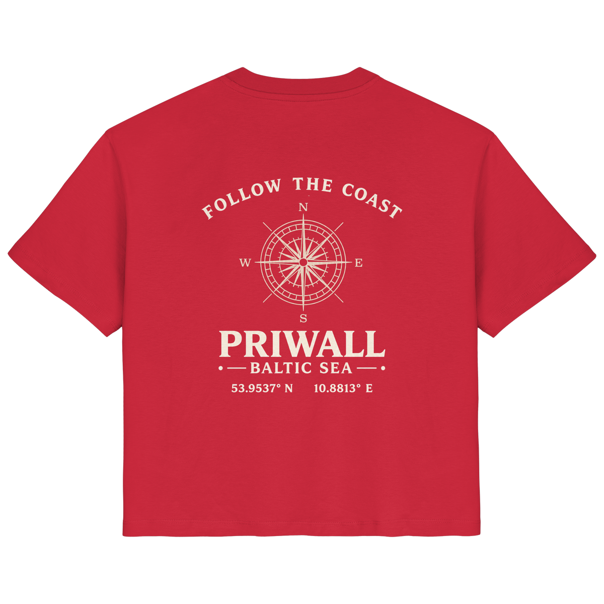 Rückansicht des Damen Bio T-Shirt in Red mit dunklem Priwall Follow the Coast Backprint
