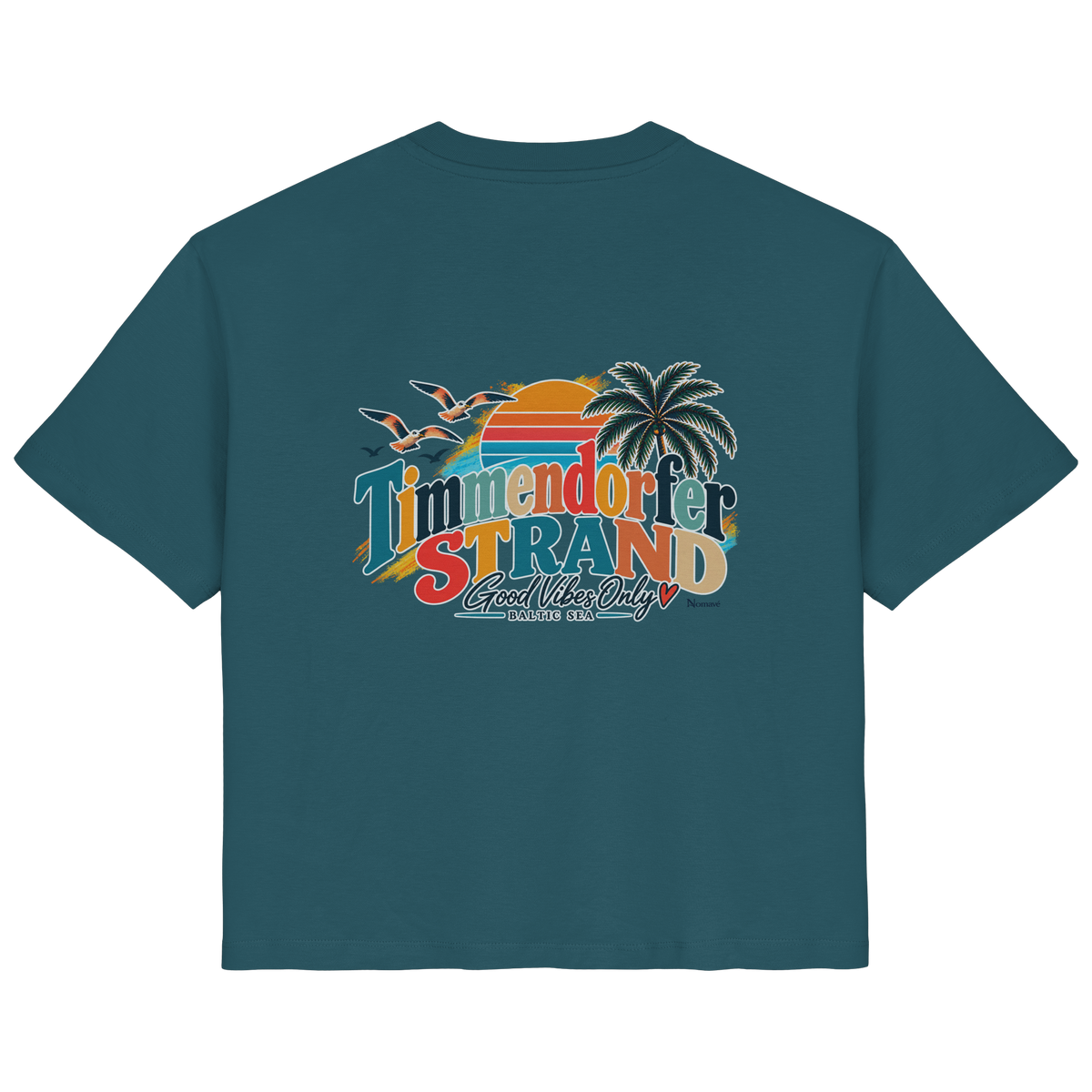 Damen-Bio-T-Shirt in Stargazer, Rückansicht mit Timmendorfer-Strand-Good-Vibes-Only-Rückenprint.