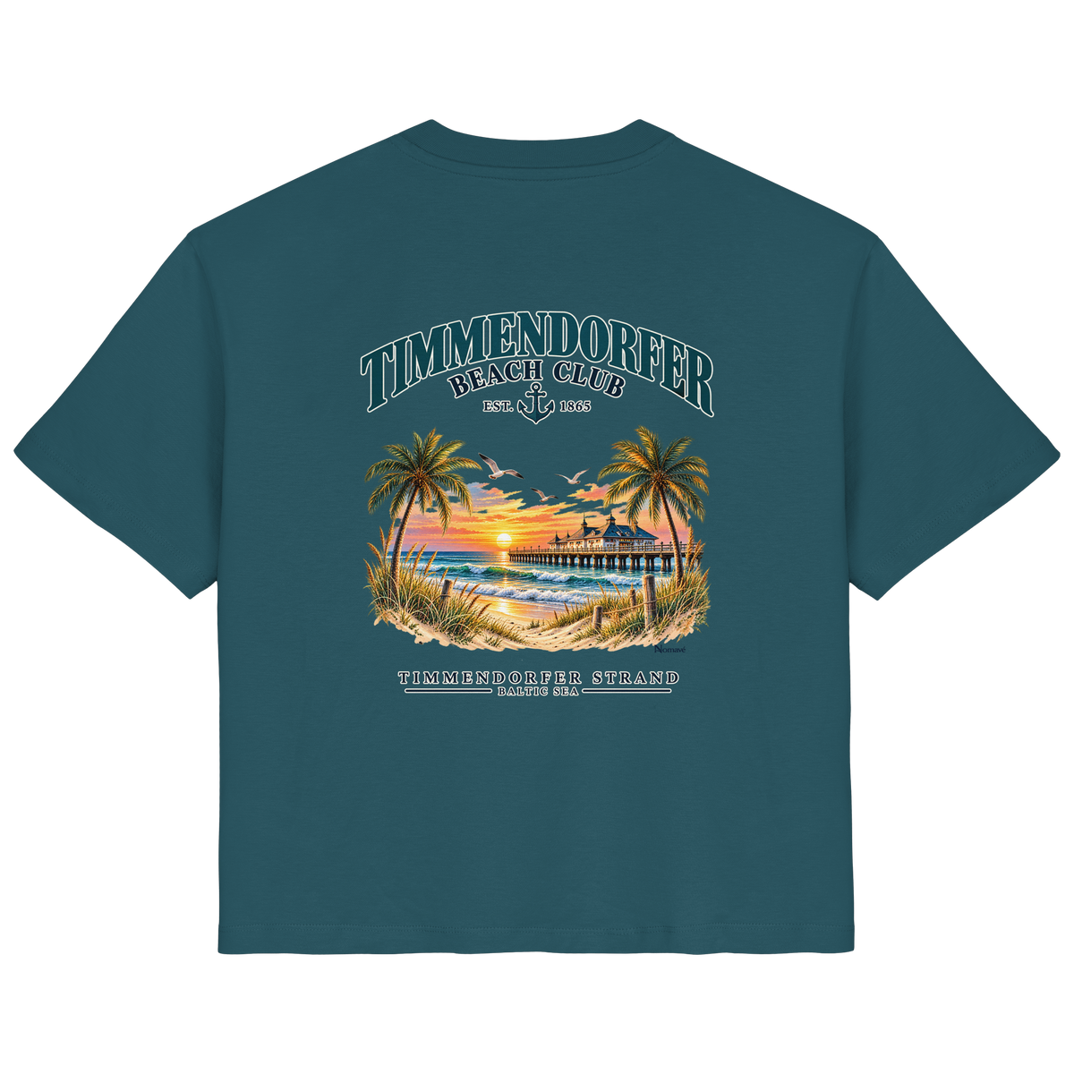 Original-/Katalogmockup: Damen Bio-T-Shirt in Stargazer, Rückansicht mit Timmendorfer-Beach-Club-Rückendruck.
