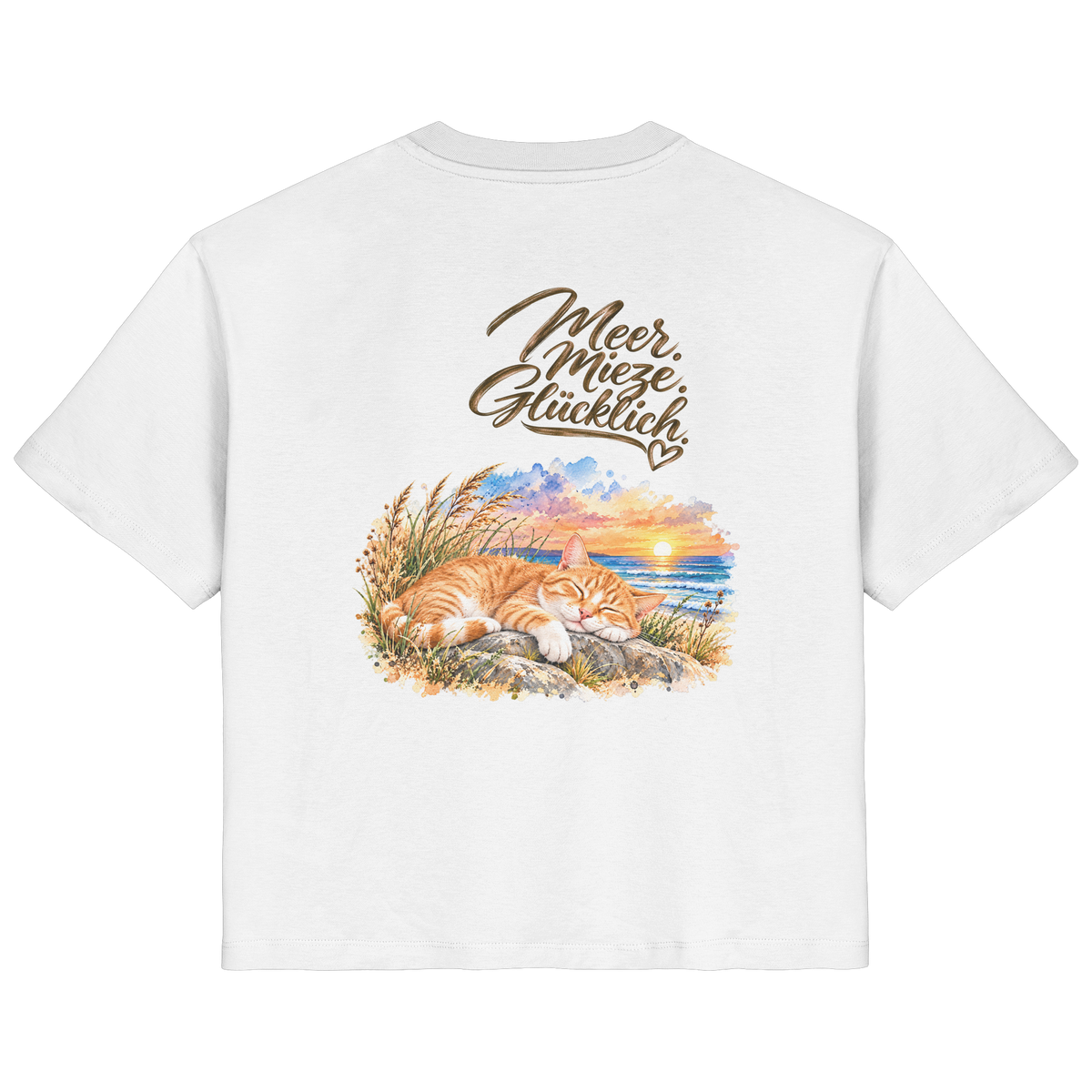 Damen Bio-T-Shirt in White mit „Meer. Mieze. Glücklich.“ als Backprint – Rückansicht im Original-Mockup.