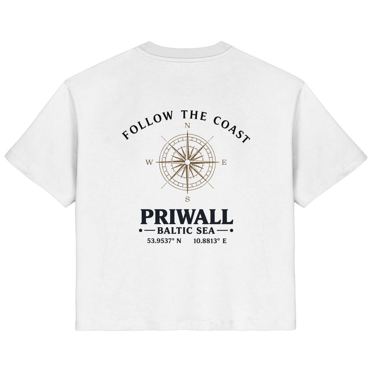 Rückansicht des Damen Bio T-Shirt in White mit hellem Priwall Follow the Coast Backprint