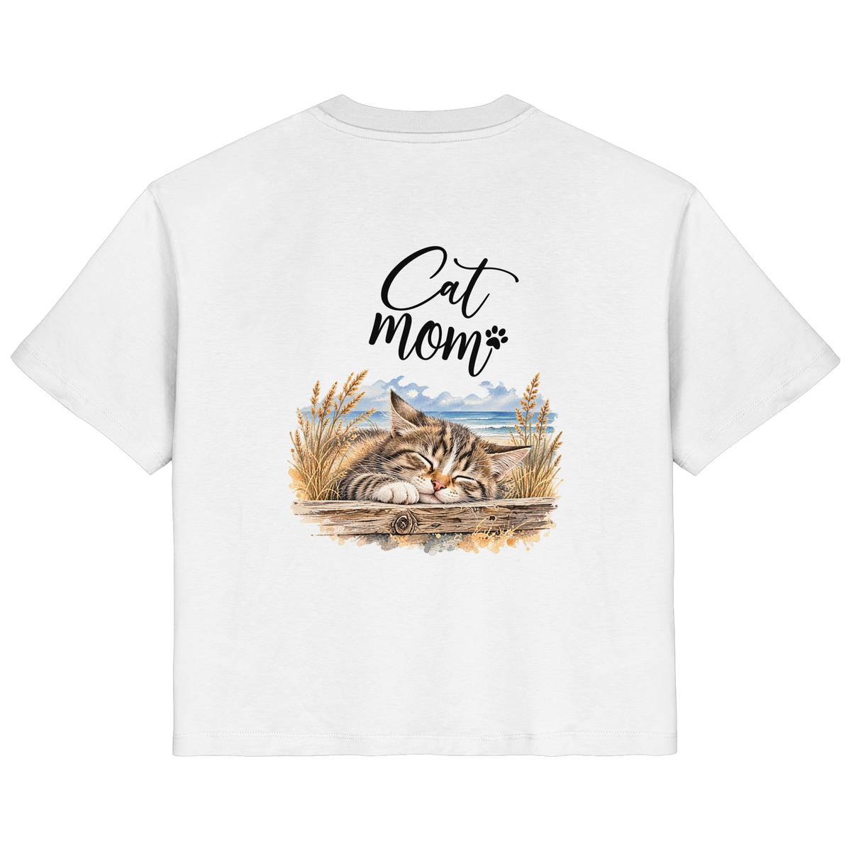Cat Mom Damen Bio-T-Shirt in White – Original-Mockup mit Katzen-Küstenmotiv und Schriftzug als Rückenprint.