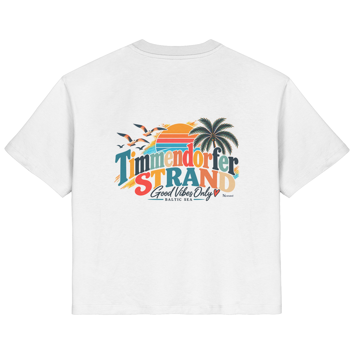 Damen-Bio-T-Shirt in White, Rückansicht mit Timmendorfer-Strand-Good-Vibes-Only-Rückenprint.