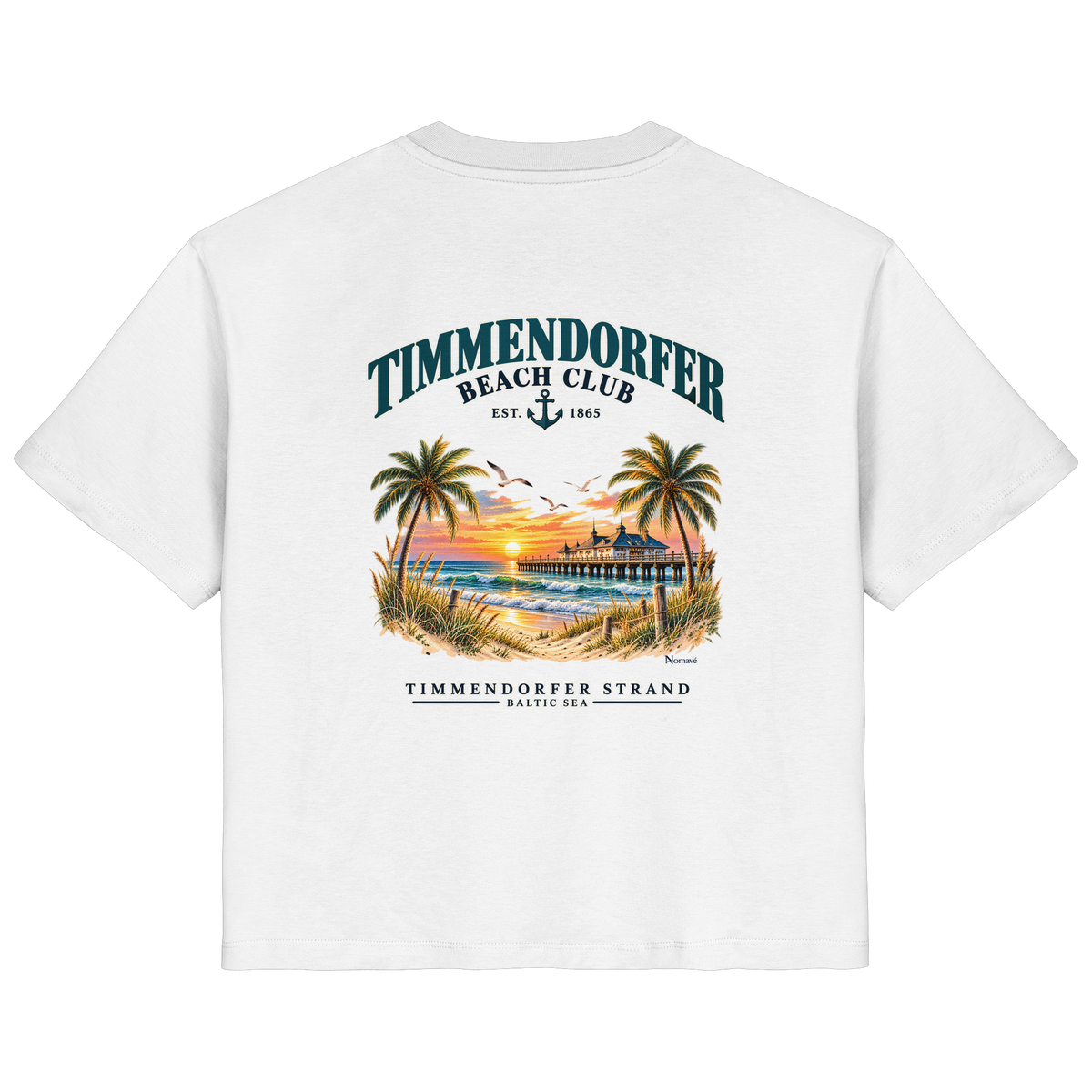 Original-/Katalogmockup: Damen Bio-T-Shirt in White, Rückansicht mit Timmendorfer-Beach-Club-Rückendruck.