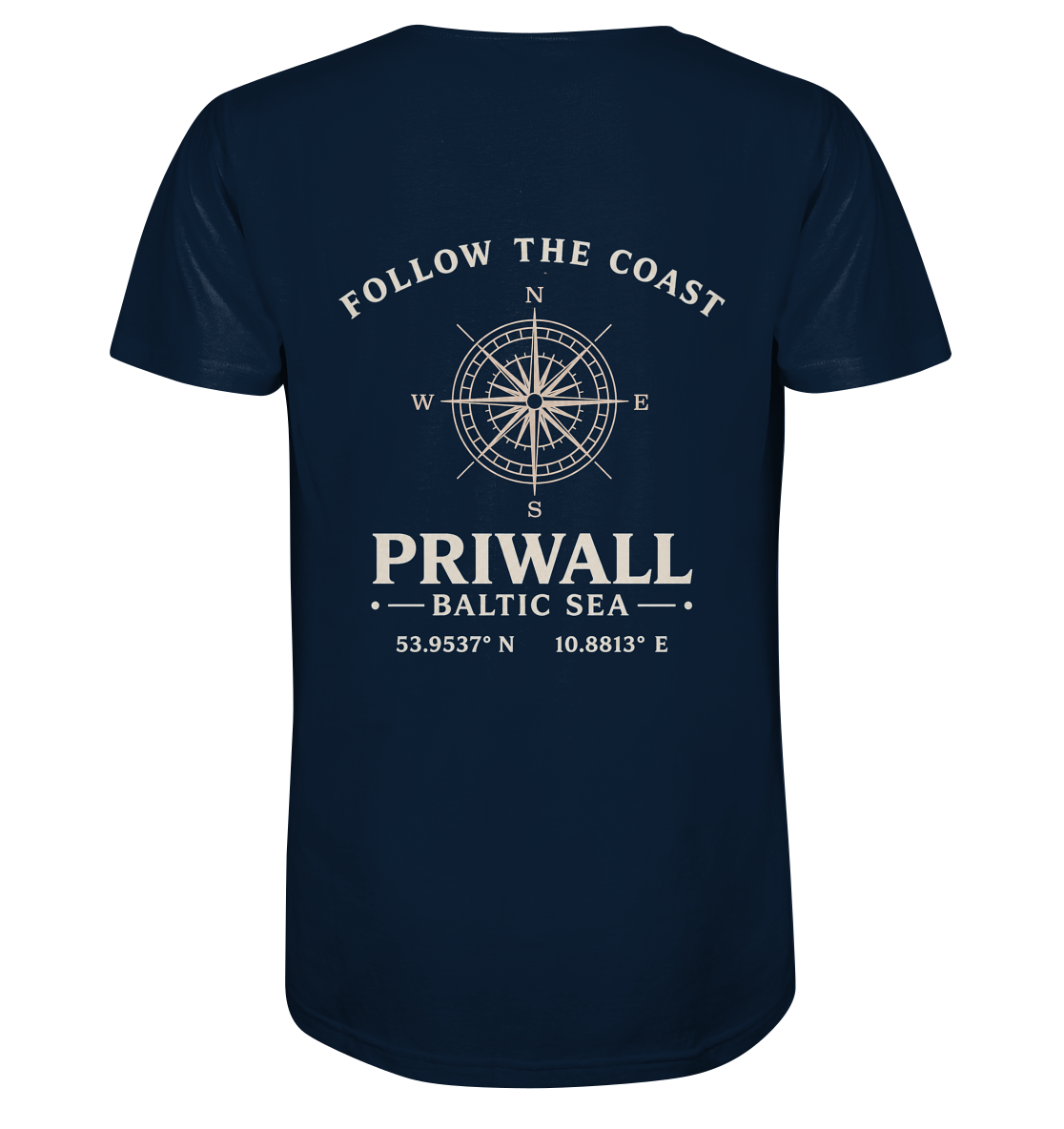 Priwall – Follow the Coast – Dark Edition – Herren Bio V-Ausschnitt T-Shirt – Backprint