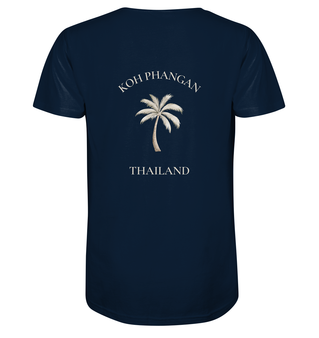 Herren Bio V-Neck Shirt in French Navy mit Koh Phangan Mini Palm als Backprint – originales Rücken-Mockup