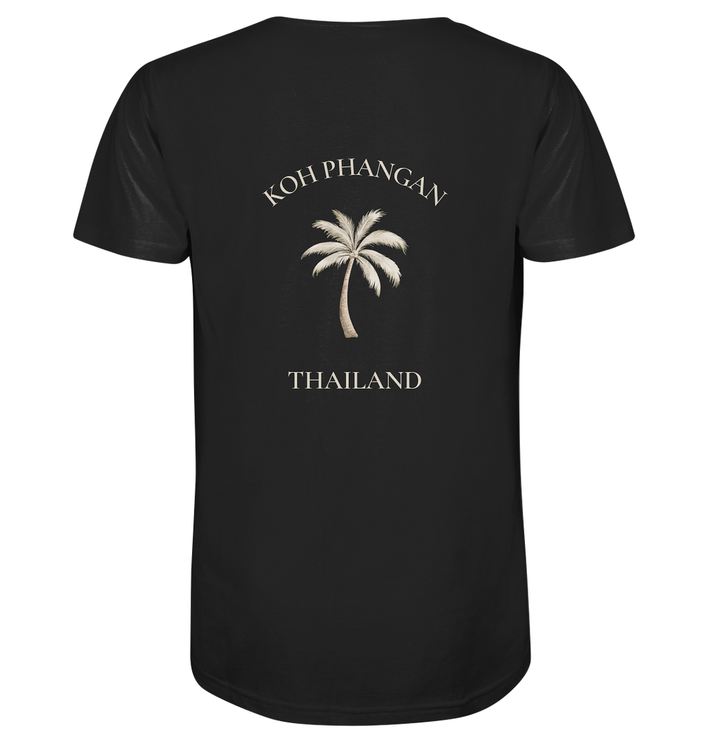 Herren Bio V-Neck Shirt in verfügbarer Farbe mit Koh Phangan Mini Palm Motiv als Backprint – Original-Mockup