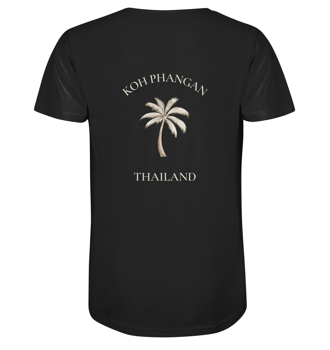Herren Bio V-Neck Shirt in verfügbarer Farbe mit Koh Phangan Mini Palm Motiv als Backprint – Original-Mockup