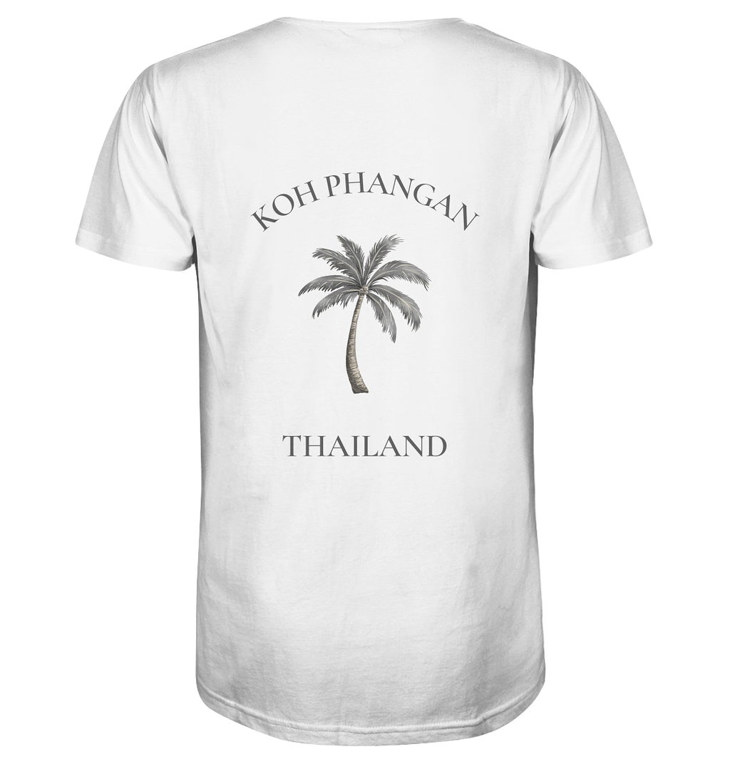 Herren Bio V-Neck Shirt in Weiß mit Koh Phangan Mini Palm Motiv als Backprint – Original-Mockup