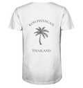 Herren Bio V-Neck Shirt in Weiß mit Koh Phangan Mini Palm Motiv als Backprint – Original-Mockup