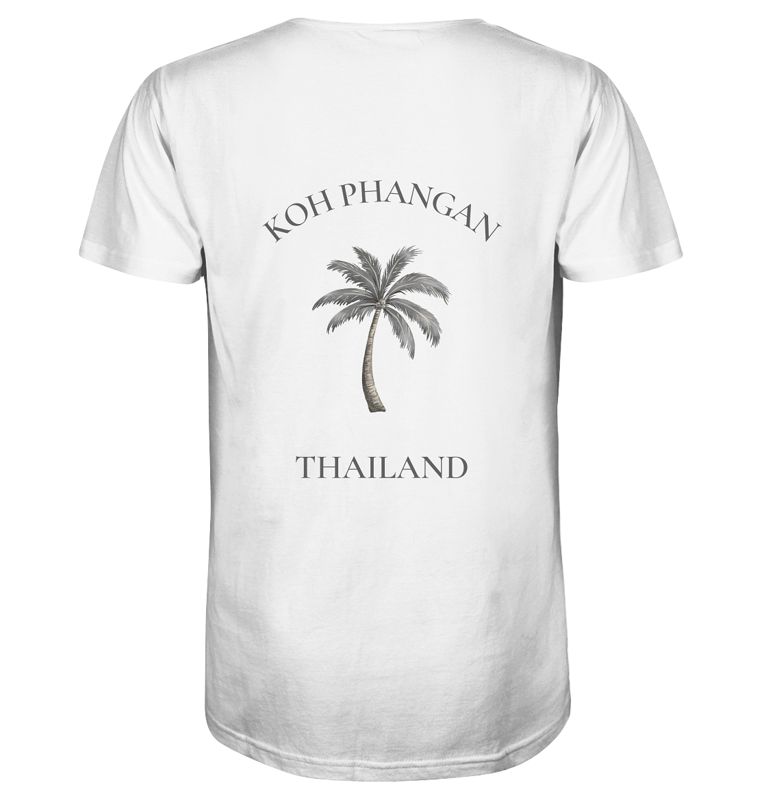 Herren Bio V-Neck Shirt in Weiß mit Koh Phangan Mini Palm Motiv als Backprint – Original-Mockup