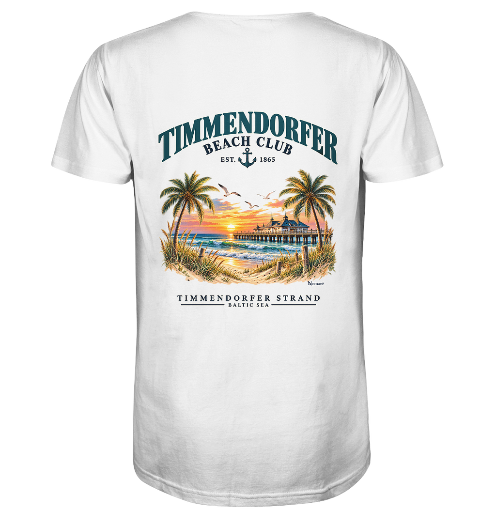 Original-/Katalogmockup: Herren Bio-V-Neck-Shirt in White, Rückansicht mit Timmendorfer-Beach-Club-Rückendruck.