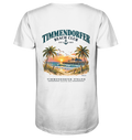 Original-/Katalogmockup: Herren Bio-V-Neck-Shirt in White, Rückansicht mit Timmendorfer-Beach-Club-Rückendruck.