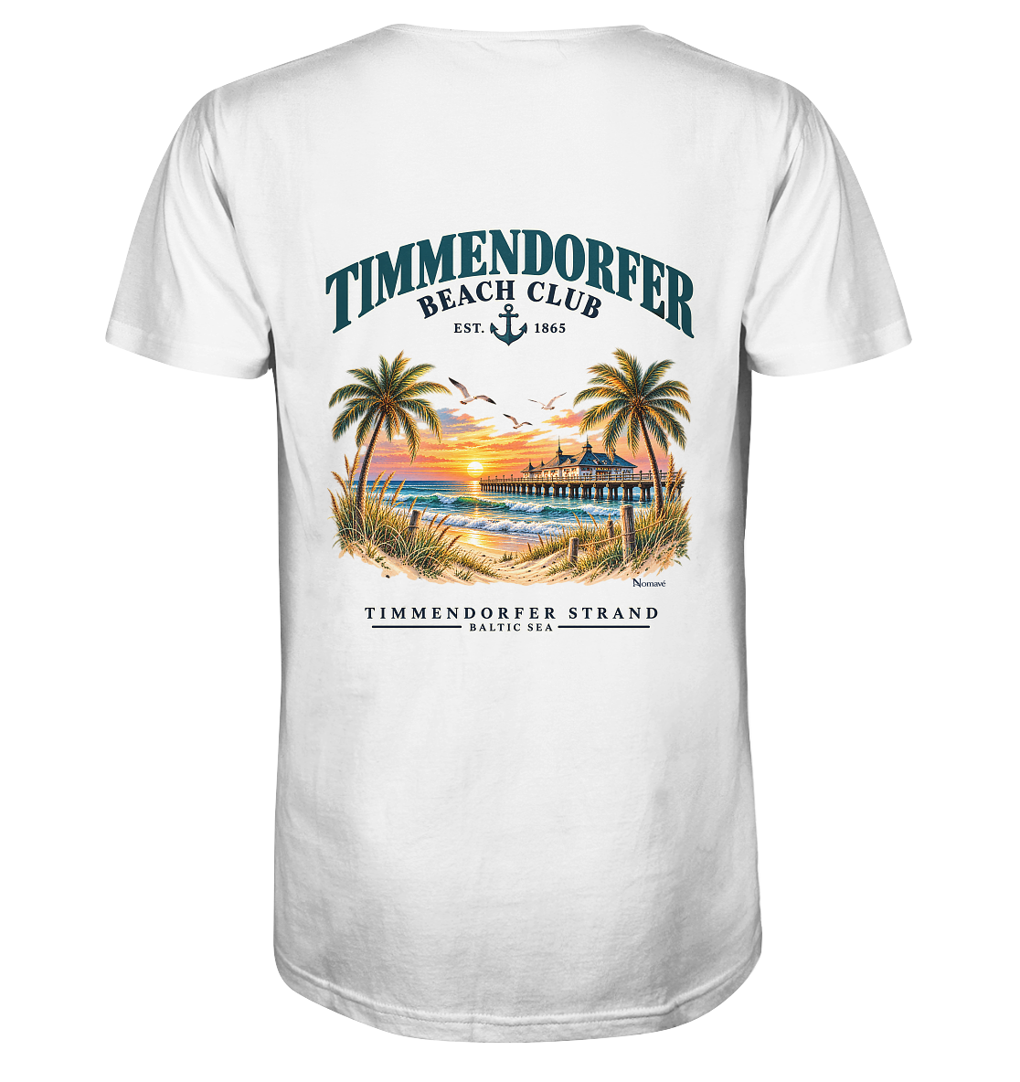 Original-/Katalogmockup: Herren Bio-V-Neck-Shirt in White, Rückansicht mit Timmendorfer-Beach-Club-Rückendruck.