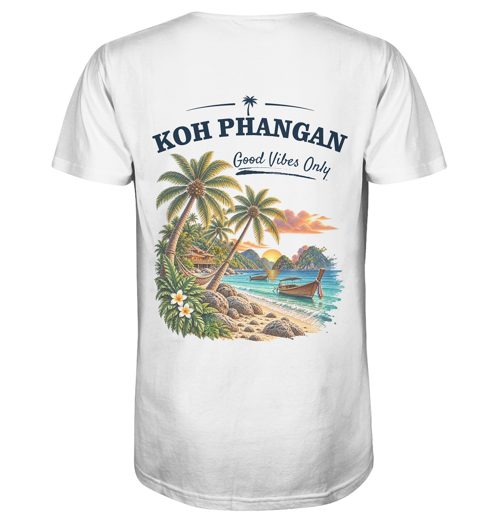 Herren Bio V-Neck T-Shirt – Backprint in der gezeigten Farbe als Original-Mockup mit Koh Phangan Good Vibes Only Backprint