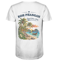 Herren Bio V-Neck T-Shirt – Backprint in der gezeigten Farbe als Original-Mockup mit Koh Phangan Good Vibes Only Backprint