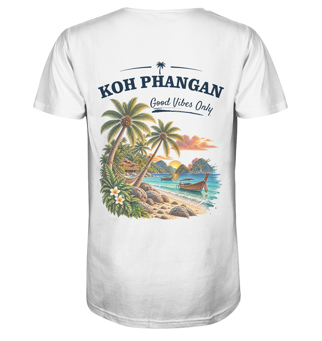 Herren Bio V-Neck T-Shirt – Backprint in der gezeigten Farbe als Original-Mockup mit Koh Phangan Good Vibes Only Backprint