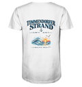 Original-Mockup 1: Herren Bio-V-Neck-T-Shirt in White mit Timmendorfer Strand – Baltic Sea Backprint.