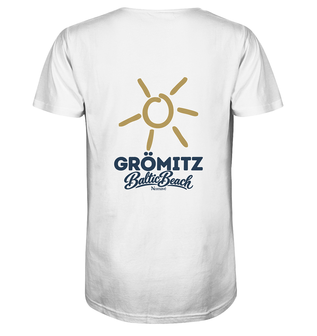Grömitz Sonne Herren Bio V-Neck T-Shirt White mit Baltic-Beach-Rückendruck – Shirtigo-Originalmockup