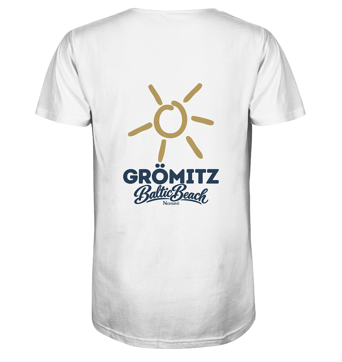 Grömitz Sonne Herren Bio V-Neck T-Shirt White mit Baltic-Beach-Rückendruck – Shirtigo-Originalmockup