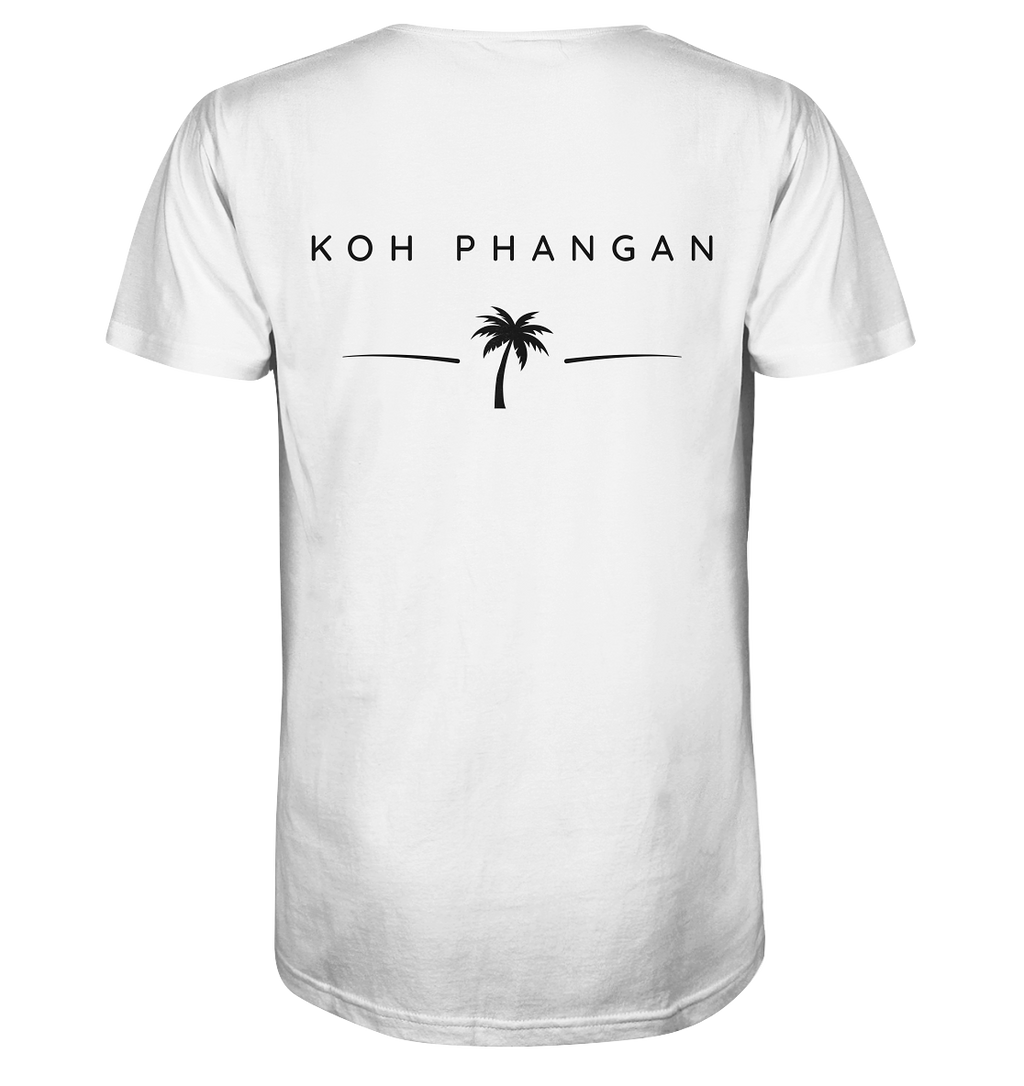 Original-Mockup des Herren Bio V-Neck Shirt in Weiß mit Koh-Phangan-Minimal-Backprint