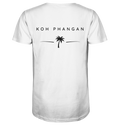 Original-Mockup des Herren Bio V-Neck Shirt in Weiß mit Koh-Phangan-Minimal-Backprint